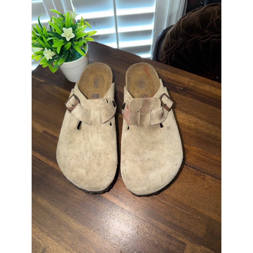Birkenstock Boston Suede Clogs Taupe Tan Slip On Mules Size 39 L8 M6